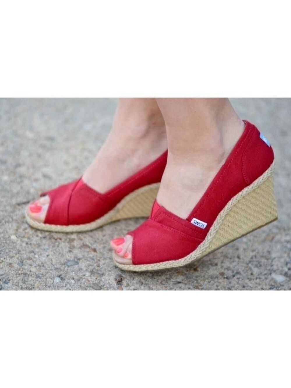 TOMS Red Espadrille Wedge Heels
